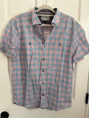 Short-Sleeve Plaid Button-Down Shirt in Pink & Blue
